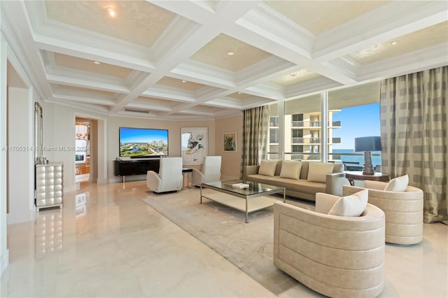 living room with beam ceiling, coffered ceiling, and ornamental molding