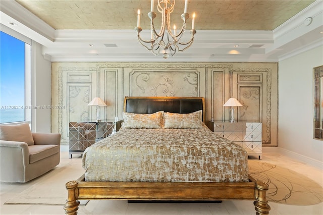 bedroom with a tray ceiling, an inviting chandelier, and crown molding