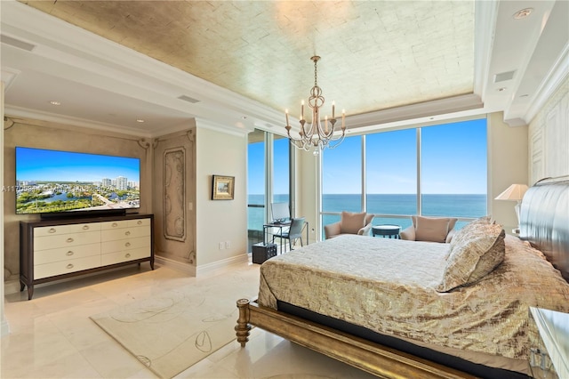 bedroom featuring a water view, crown molding, and an inviting chandelier