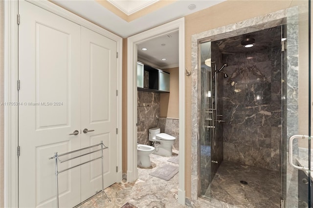 bathroom with an enclosed shower, crown molding, a bidet, tile walls, and toilet