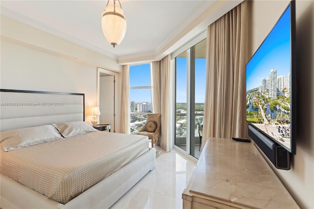 bedroom featuring access to outside and ornamental molding