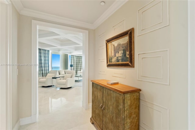 hallway featuring beamed ceiling, crown molding, and coffered ceiling