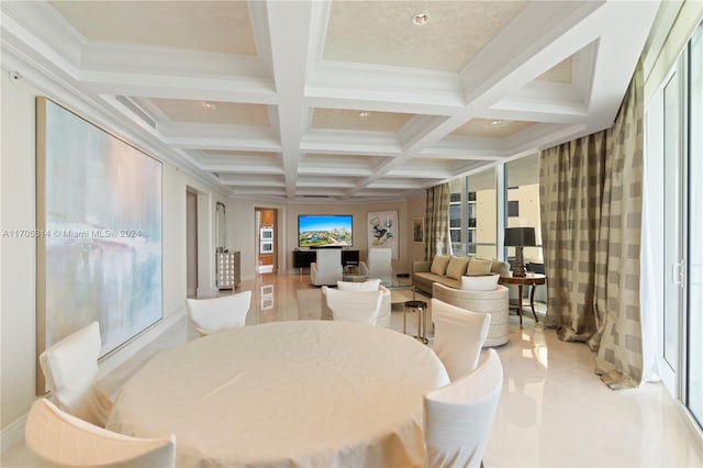 dining room featuring beam ceiling, ornamental molding, a wealth of natural light, and coffered ceiling