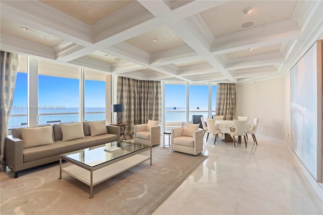 living room featuring crown molding, beamed ceiling, a water view, and plenty of natural light