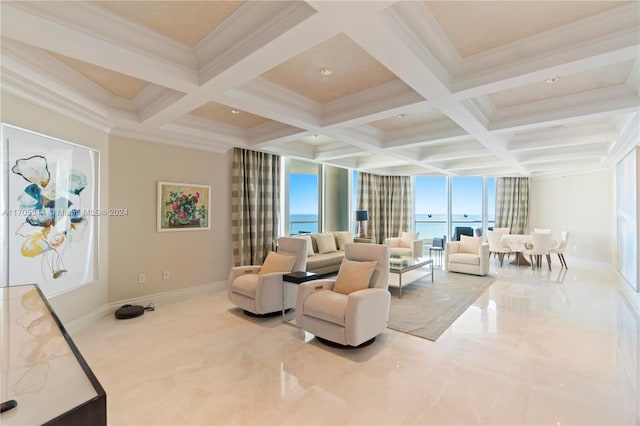 living room featuring beam ceiling, crown molding, plenty of natural light, and a water view