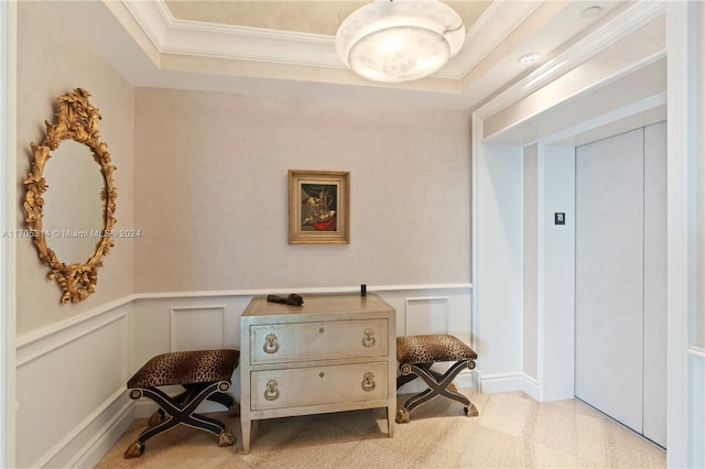 sitting room with a raised ceiling, light colored carpet, and ornamental molding