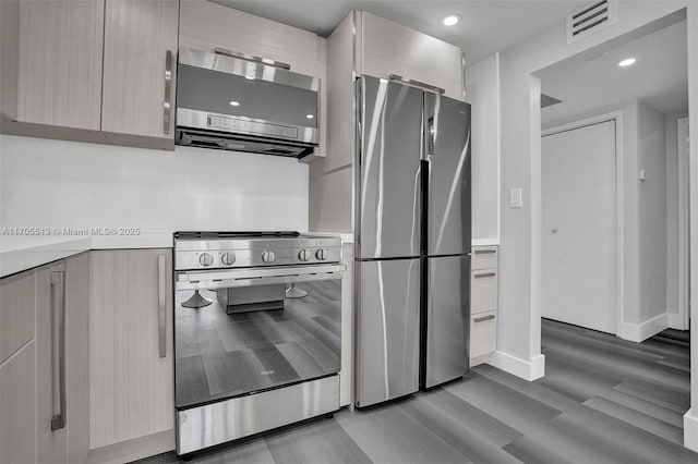 kitchen featuring light brown cabinets, wood-type flooring, and stainless steel appliances