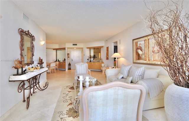 living room featuring a textured ceiling