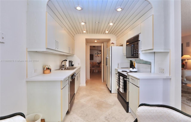 kitchen featuring wood ceiling, sink, white cabinets, and black appliances