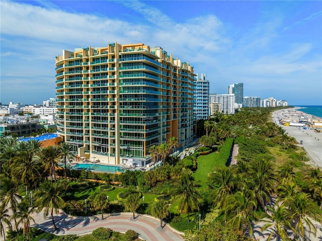 view of building exterior with a water view