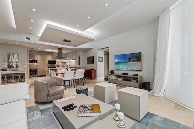 living room featuring light tile patterned floors