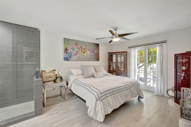 bedroom with access to exterior, ceiling fan, and light hardwood / wood-style floors