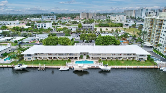 drone / aerial view featuring a water view