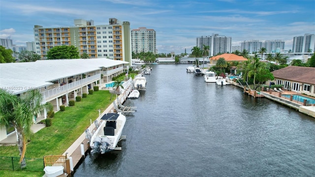 property view of water with a dock