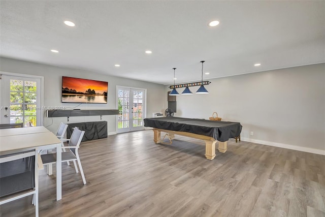 rec room with french doors, a healthy amount of sunlight, and light hardwood / wood-style floors