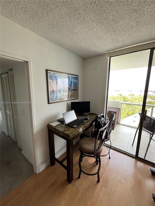 office with light hardwood / wood-style floors and a textured ceiling