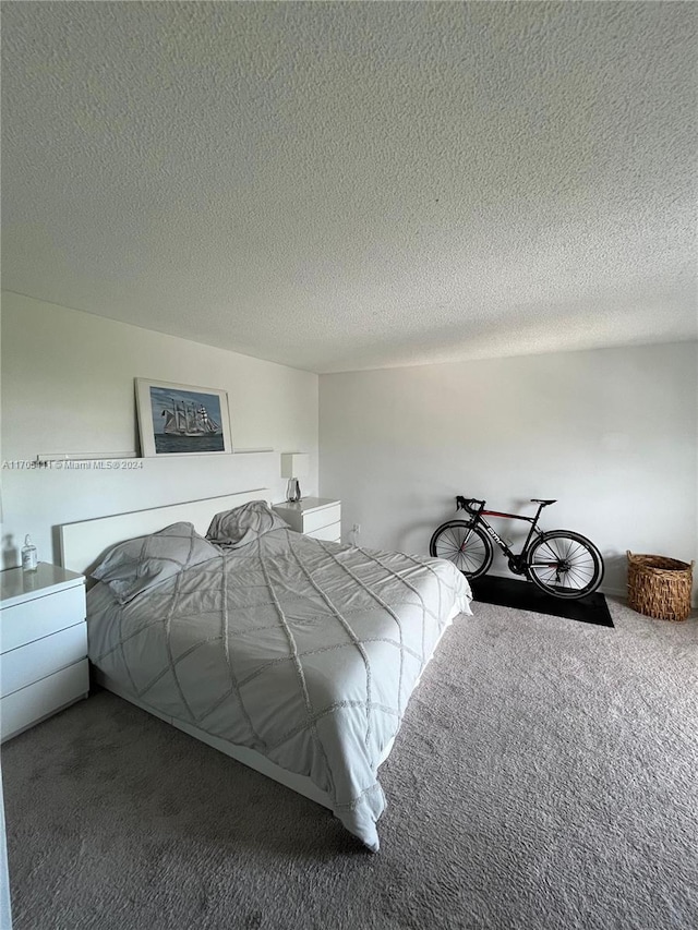 carpeted bedroom with a textured ceiling