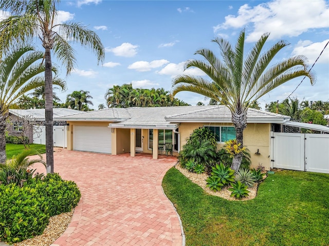 view of front of house with fence, stucco siding, decorative driveway, a garage, and a gate