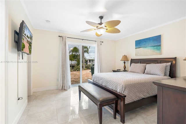 bedroom with ceiling fan, ornamental molding, and access to outside