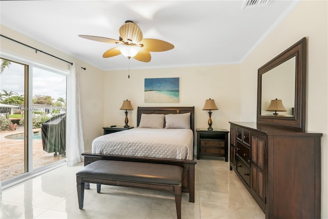 tiled bedroom featuring ceiling fan, access to exterior, and ornamental molding