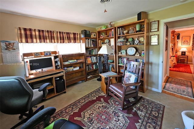 office area with light tile patterned floors and crown molding