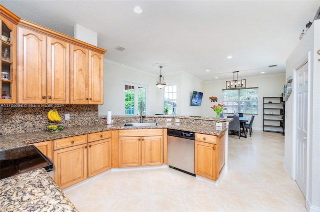 kitchen featuring light stone countertops, dishwasher, decorative light fixtures, sink, and kitchen peninsula