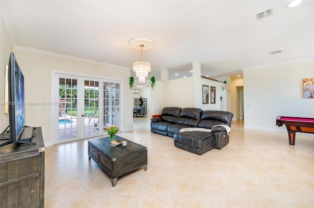 living room featuring pool table, crown molding, french doors, and light tile patterned flooring