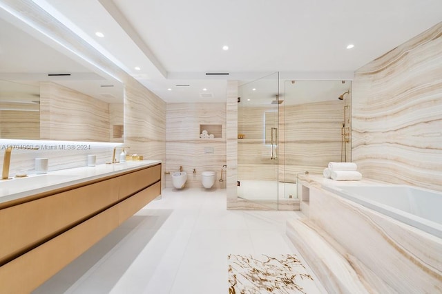 full bathroom with vanity, a bidet, tile patterned flooring, separate shower and tub, and toilet