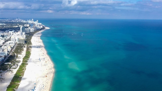 aerial view with a view of the beach and a water view