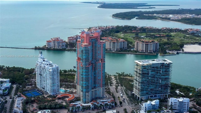 drone / aerial view with a water view