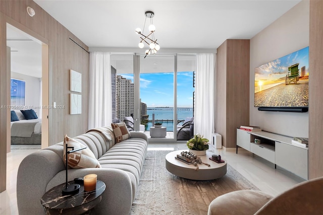 living room with an inviting chandelier