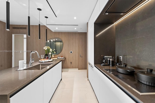 kitchen with wood walls, white cabinetry, sink, and hanging light fixtures