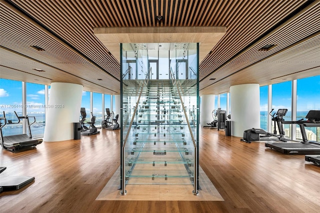 gym with hardwood / wood-style flooring, a healthy amount of sunlight, a water view, and a wall of windows