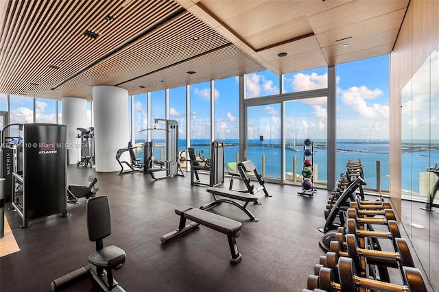 exercise room with expansive windows and a water view