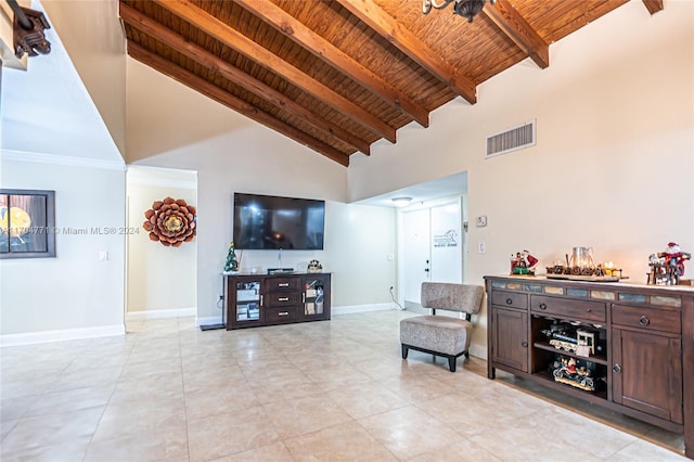 tiled living room featuring beamed ceiling, high vaulted ceiling, and wooden ceiling