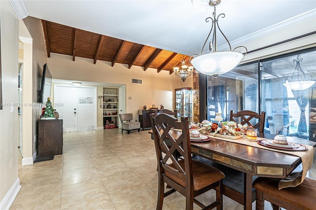 dining space featuring a notable chandelier, vaulted ceiling with beams, and wood ceiling