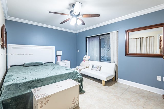 bedroom with ceiling fan, light tile patterned flooring, and ornamental molding