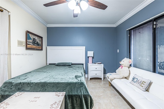 bedroom with light tile patterned floors, ceiling fan, and crown molding