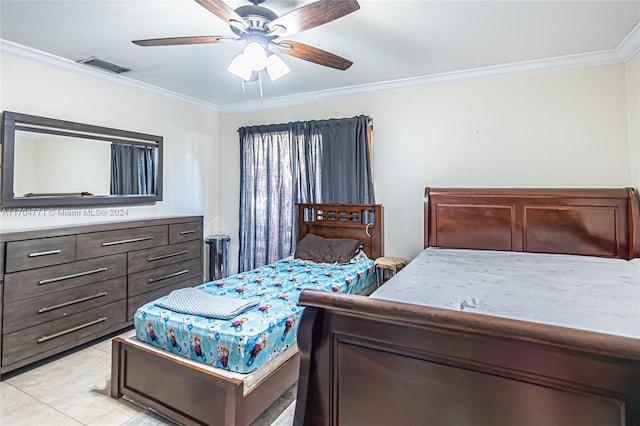 tiled bedroom featuring ceiling fan and ornamental molding