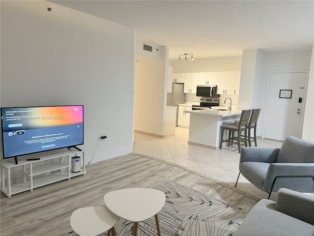 living room featuring sink and light hardwood / wood-style floors