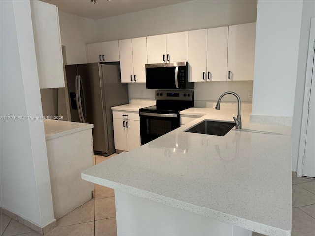 kitchen with kitchen peninsula, appliances with stainless steel finishes, white cabinetry, and sink