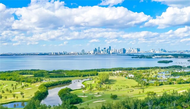 100 Hampton Ln, Key Biscayne, FL 33149 - drone / aerial view featuring view of golf course, a water view, and a view of city