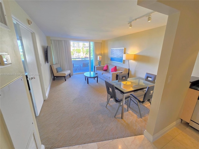 carpeted dining area with rail lighting