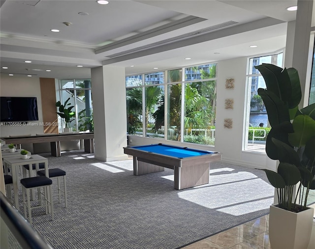 playroom featuring plenty of natural light, crown molding, pool table, and a tray ceiling