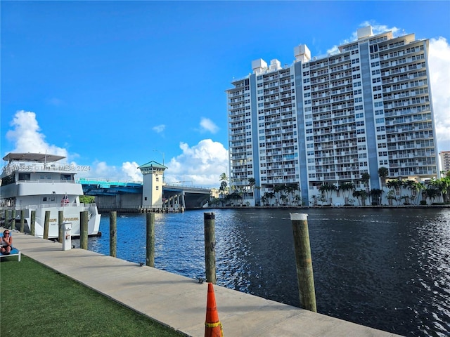 view of dock with a water view