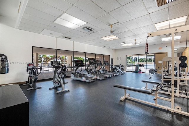 workout area with a paneled ceiling, ceiling fan, and a healthy amount of sunlight