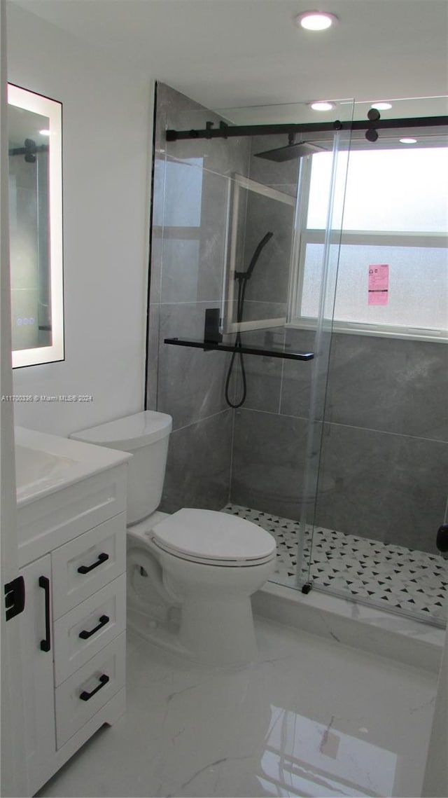 bathroom with vanity, toilet, and walk in shower