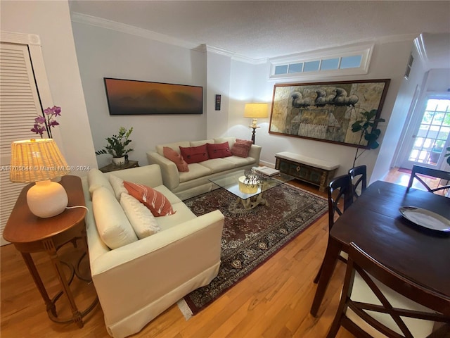 living room with a textured ceiling, wood-type flooring, and crown molding