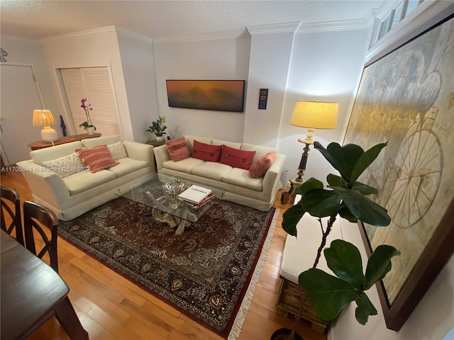 living room with hardwood / wood-style flooring and ornamental molding