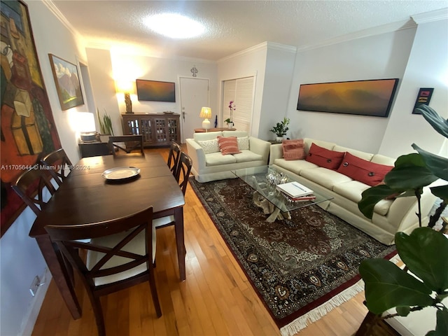 living room featuring light hardwood / wood-style floors, ornamental molding, and a textured ceiling